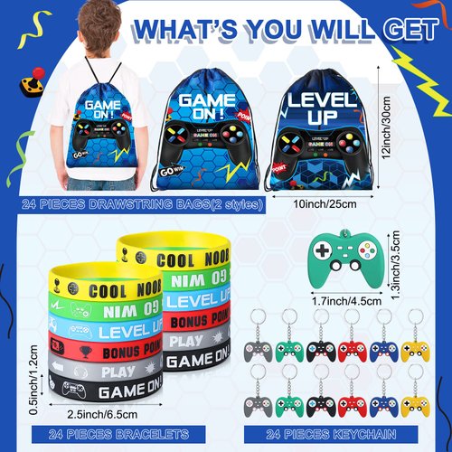 Nosiny 72PCS Video Game Party Favors Birthday Include 24 Video Game Goodie Drawstring Bags 24 Silicone Bracelet 24 Controller Keychain for Kids for Party Supplies(Fresh, Blue)
