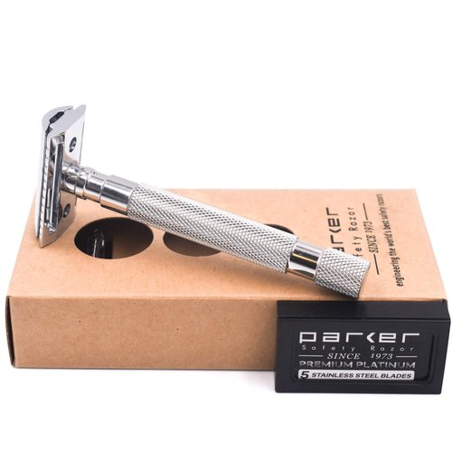 Parker 64S Stainless Steel Handle Double Edge Safety Razor with Closed Comb Head & 5 Premium Blades