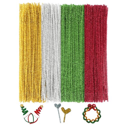FirstKitchen Glitter Pipe Cleaners, 200pcs 4 Colors Pipe Cleaner Christmas, 0.23"X12" Long Sparkle Chenilles Stems Pipe Cleaner, Christmas Craft Pipecleaners for DIY Arts Crafts and Cleaning