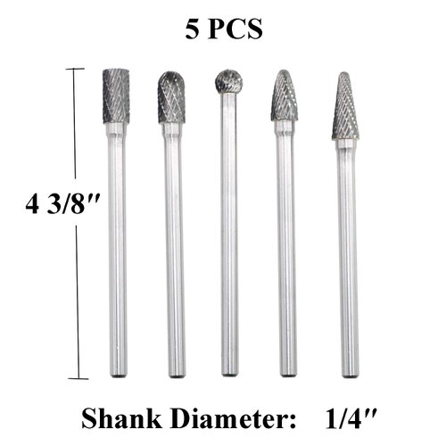 5pcs Tungsten Carbide Burrs Set with 1/4''Shank Double Cut Extended Long Solid Power Tools Carbide Rotary Files Bits for Die Grinder Metal Wood Carving Engraving Polishing Drilling Grinding Milling