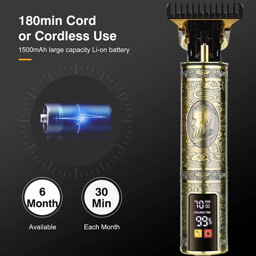 Hilandkom Men's T-Blade Hair Clippers, Waterproof & Low Noise, Professional Hair Trimmer, USB Quick Charge & LED Display, Ergonomic All Metal Design