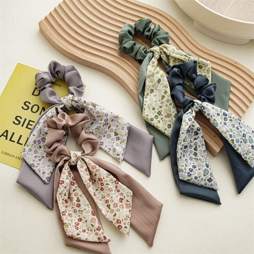 4PCS Bow Hair Scarf Scrunchies Floral Hair Scarf Ties Satin Hair Ribbon Scrunchy Ponytail Holder for Women and Girls