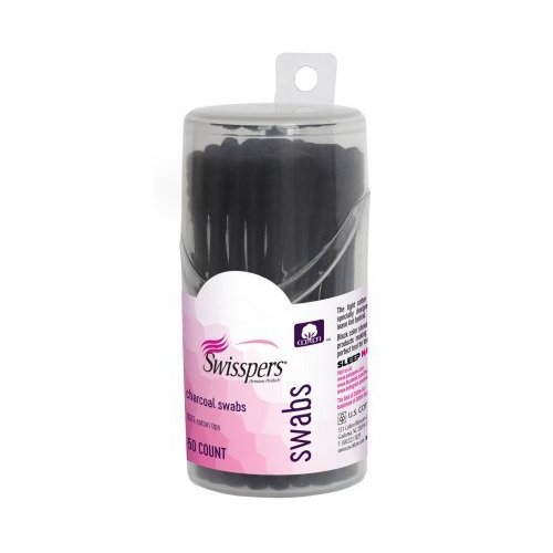 Swisspers Premium Products - Charcoal Swabs With Dark Black Color 100% Cotton Tips, 50 Count - 1 Pack. For Makeup Beauty Touchups, Cosmetics Removal Or Applicators For Makeup Application.