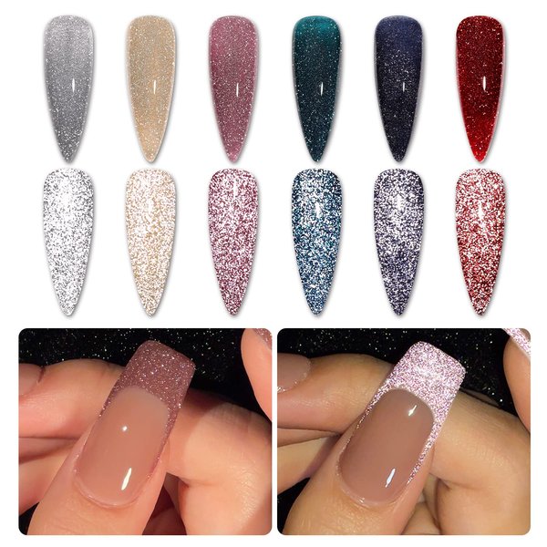 GAOY Reflective Glitter Gel Nail Polish Set for Christmas Nails 6 Colors Including Pink Red Silver Holographic Gel Polish Kit UV LED Soak Off Nail Polish Home DIY Manicure Nail Salon Varnish