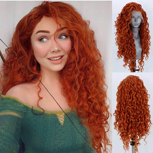 RONGDUOYI Orange Long Curly Lace Wig Synthetic Frontal Lace Wigs with Free Part Heat Friendly Synthetic Lace Front Wigs for Women Princess Merida Cosplay Wig 26Inch
