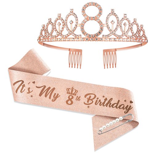 8th Birthday Tiaras and Crowns for Women Girls, Birthday Decorations Rose Gold Sash Crystal Tiara Party Supplies
