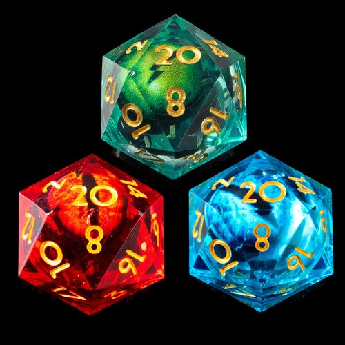 YEMEKO 3Pcs D20 Dargon Eye Liquid Core DND Dice Set with 3 Color 22mm Resin Sharp Edge, 20 Sided D&D Dice 22mm Handmade Polyhedral D&D Dice for RPG, MTG Table Games(Green/Red/Blue)