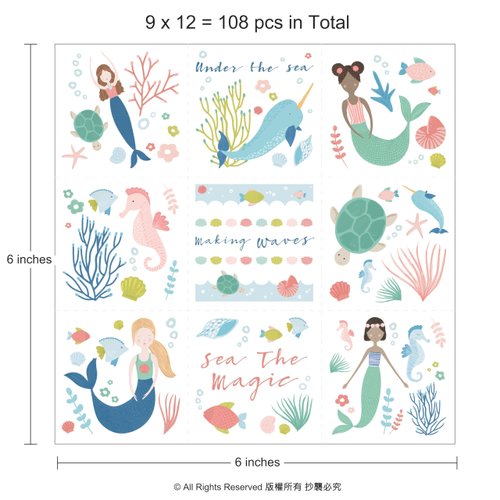Cheerland Mermaid Temporary Tattoo Stickers for Under The Sea Mermaid Birthday Party and Sea Themed Celebrations Beach Picnic Baby Shower Girls Removable Tattoos Party Supplies Decoration 108 pcs