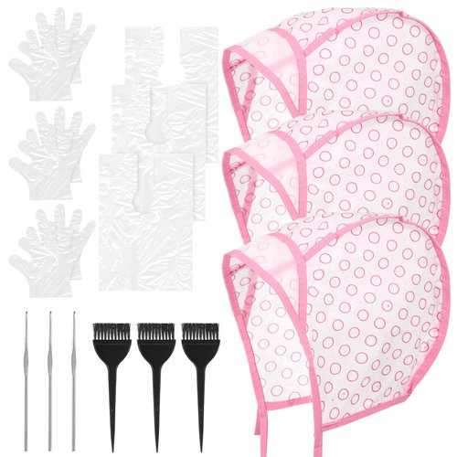 Hair Coloring Kit Includes 3 Pcs Highlight Cap With 3 Pcs Crochet Hooks 3 Pcs Dye Brush 3 Pair Gloves 3 Disposbale Hair Dye Shawl Comprehensive Hair Highlighting Kit For Dyeing Hair (Pink)
