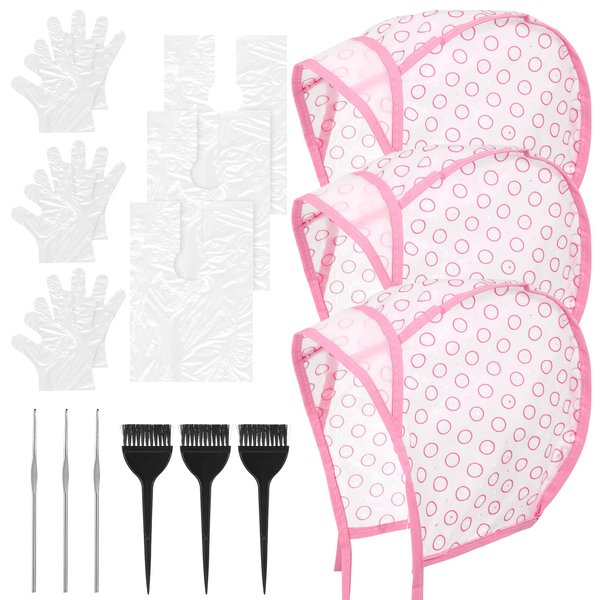 Hair Coloring Kit Includes 3 Pcs Highlight Cap With 3 Pcs Crochet Hooks 3 Pcs Dye Brush 3 Pair Gloves 3 Disposbale Hair Dye Shawl Comprehensive Hair Highlighting Kit For Dyeing Hair (Pink)