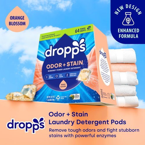 Dropps Odor & Stain Biobased Power Laundry Detergent Pods, Orange Blossom (64 Count) - HE Compatible Laundry Pods for Fresh Clothes – Laundry Soap Supplies & Recyclable Paperboard Packaging