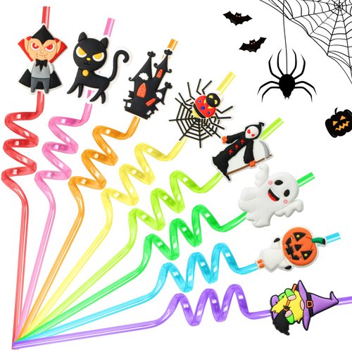 AFZMON 24 PCS Halloween Drinking Straws Reusable Pumpkin Skull Ghost Vampire Witch Plastic Beverages Cocktail Straw with Cartoon Decoration for Kids Halloween Party Supplies for Birthday Party Favors