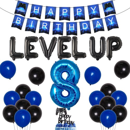 JOYMEMO Video Game 8th Birthday Decorations for Boys Game on Birthday Party Supplies Blue Gaming Happy Birthday Banner Cake Topper Game Controller Level up Foil Balloon
