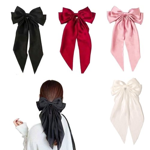 Doromy 4Packs Big Satin Oversized Hair Bows with Long Tails - Giant Hair Clips with Metal Slides ...