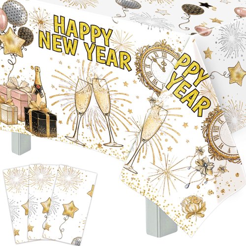 Fancy Land Happy New Year Tablecloths 3 Pack New Years Eve Party Supplies 2025 Gold & White Tablecloths for Rectangle Tables Happy New Year Decorations