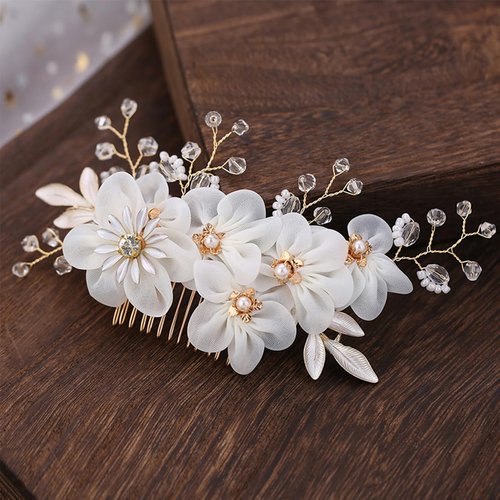 Flower Bride Wedding Hair Comb with Sparkling Crystals and Pearls Elegant Headpiece Bridal Handmade Hair Accessories for Women Girls