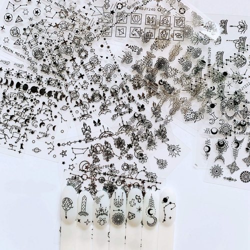 NAIL ANGEL 24 Sheets Nail Art Black Sticker Moon and Star Universal Flower Shapes Different Patterns Mix Sticker Sheets 10056