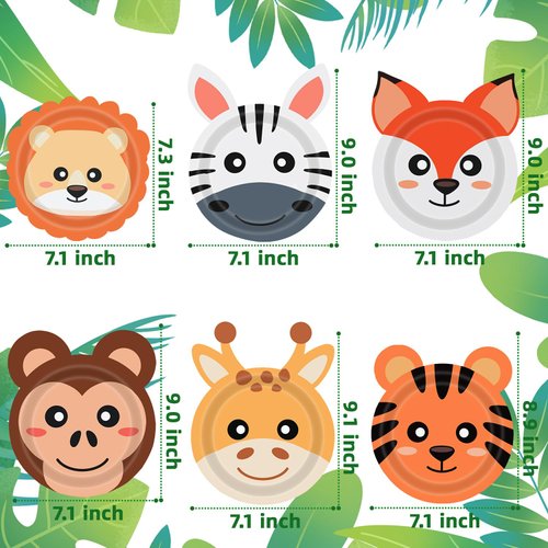 UROINEPA 60PCS Safari Jungle Wild Animal Party Supplies Disposable jungle zoo animal Shaped Paper Plates for Birthday Party, Baby Shower and jungle safari theme party decorations