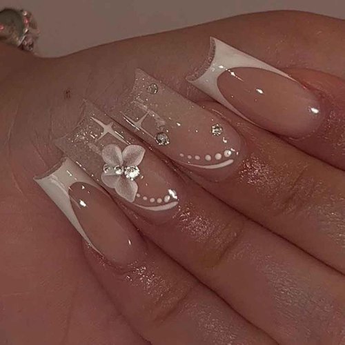 Foccna Long Press on Nails Nude Square Clear Fake Nails French Full Cover Bling Acrylic False Rhinestone Nails Butterfly Design Nails for Women and Girls 24PCS
