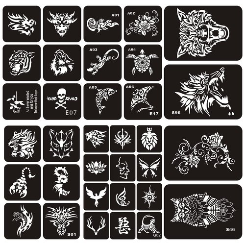 Kotbs 6 Sheets Temporary Tattoo Stencils, 34pcs Animal Tiger Wolf Totem Patterns Henna Tattoo Stencil Kit Temporary Glitter Airbrush Tattoo Stencils Arabian Tattoo Stickers for Face Body Paint Art