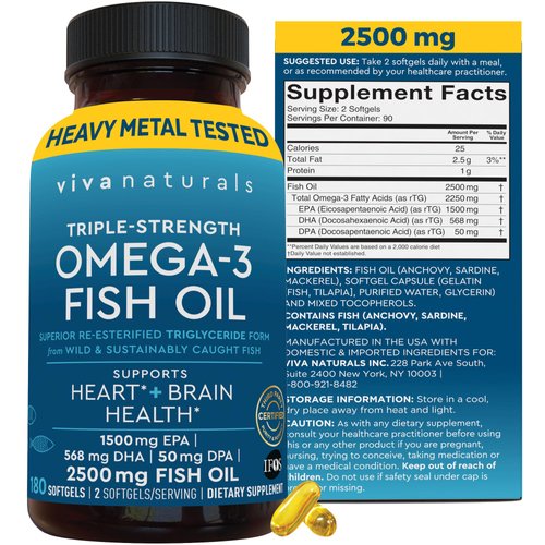 Triple Strength Omega 3 Fish Oil Supplement - 2500 mg Fish Oil with Re-Esterified Omega 3 Fatty Acids Including EPA, DHA DPA - 180 Pescatarian-Friendly Softgels