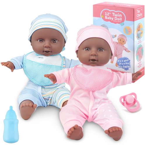 Toy Choi's Twin Baby Dolls - 12 inch Two Soft Black Body Doll with Rompers, Hat and Pacifier, Doll Bibs, Dolls Play Set for 2 3 4 5 Year Old Boys and Girls Gift