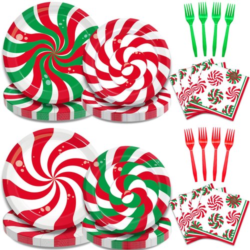96Pcs Christmas Peppermint Candy Party Plates and Napkins, Winter Holiday Christmas Party Decorations Supplies Red Green Sweets Birthday Baby Shower Party Disposable Dinnerware Set, Serves 24