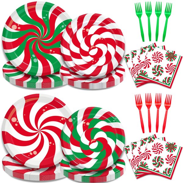 96Pcs Christmas Peppermint Candy Party Plates and Napkins, Winter Holiday Christmas Party Decorations Supplies Red Green Sweets Birthday Baby Shower Party Disposable Dinnerware Set, Serves 24