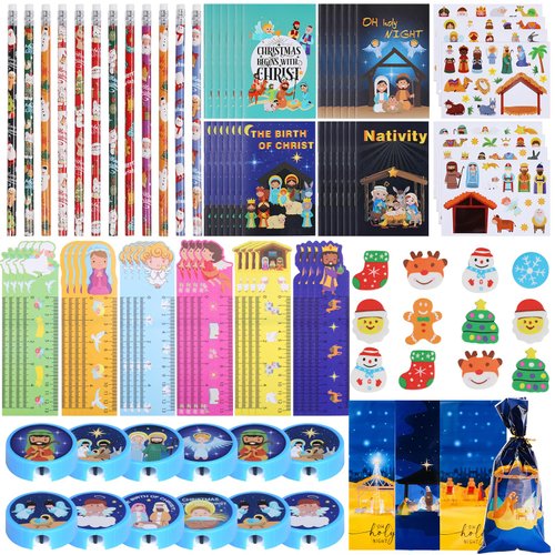 Grencian 168pcs Christmas Nativity Party Favors Stationery Set for Kids Exchange Gfits Class Reward for Classroom Students Church Activity Christian Goodie Bag Stuffers Supplies Class Favors for Kids