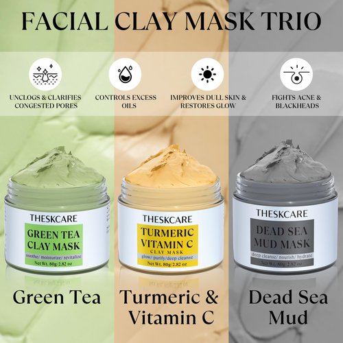 THESKCARE 3 PCS Clay Mask Set, Turmeric Vitamin C Clay Mask, Dead Sea Mud Mask, Green Tea Clay Mask, Facial Mask for Oil Control, Deep Cleaning, and Radiant Skin, 240g, 2.82 OZ each