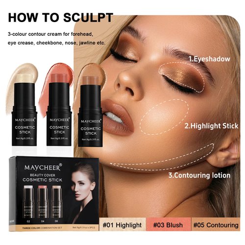 Contour Stick Makeup Set, 2024 New Face Stick Cream Blush, Bronzer Stick, Highlighter Stick for Face with Makeup Brush, Long Lasting & Natural Matte Contour Sticks for Beginner, 3 Colors (#01, 03, 05)