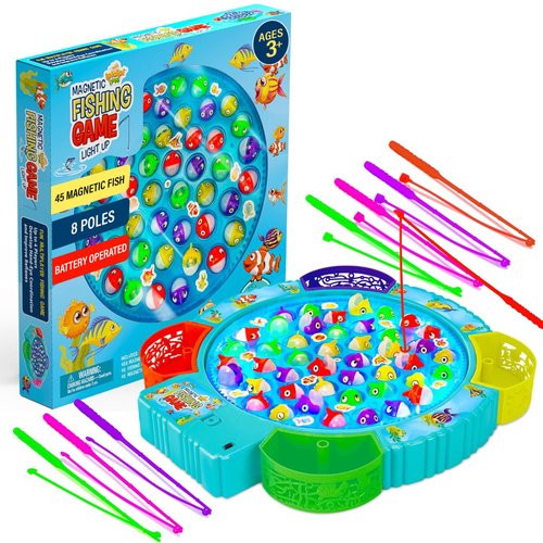 IPIDIPI TOYS Fishing Game for Kids, Light Up Magnetic Fishing Game for Toddlers - 45 Fish, 8 Poles Fishing Toy - Rotating Fish Board Game with Music and LED, Fine Motor Skill Toys for Boys and Girls