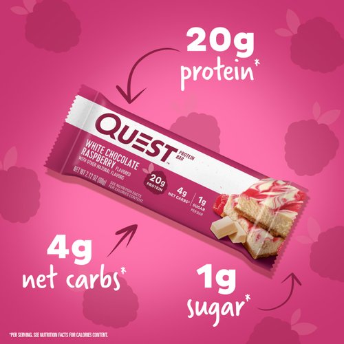Quest Nutrition White Chocolate Raspberry Protein Bars, 20g Protein, 1g Sugar, 5g Net Carb, Gluten Free, Keto Friendly, 12 Count