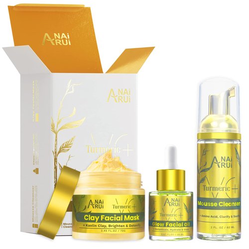 ANAI RUI Facial Skincare Set-Turmeric & Vitamin C Clay Mask for Dark Spot -Turmeric Moisturizing Facial Oil-Turmeric Foaming Face Cleanser, Skincare Gift Set for Reveal Radiant Skin, For All Skin Type