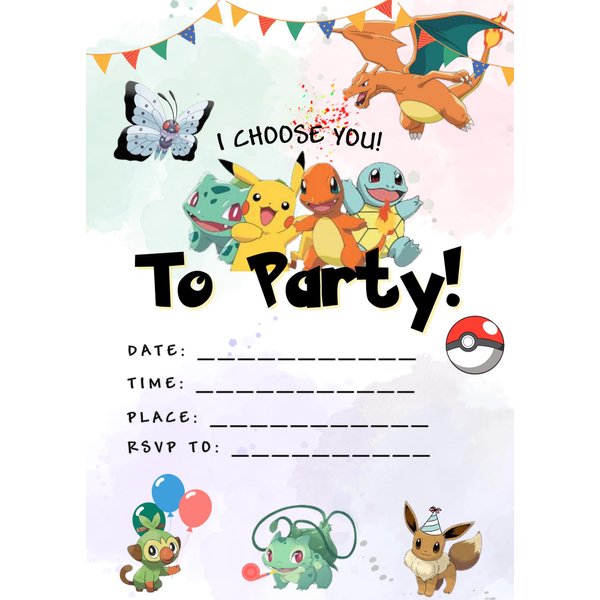 Gotta Catch 'Em All: Anime Birthday Party Invitations (Set of 20 with Optional Envelopes) anime cartoon birthday invitation card boy girl age 4 5 6 7 8 9 10 11 12 13 14 party invitations