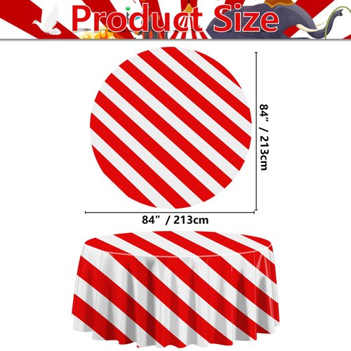3 Pieces Red and White Stripe Tablecloths for Round Table, Carnival Theme Party Decorations, 84'' x 84'' Plastic Table Cover for Circus Party, Movie Night, Birthday, Christmas, Baby Shower, Wedding