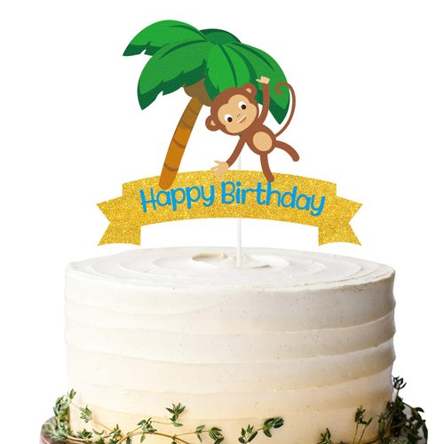 Glitter Monkey Happy Birthday Cake Topper, Monkey Birthday Cake Decor, Safari Jungle Themed Birthday Party Supplies, Zoo Animals Centerpiece
