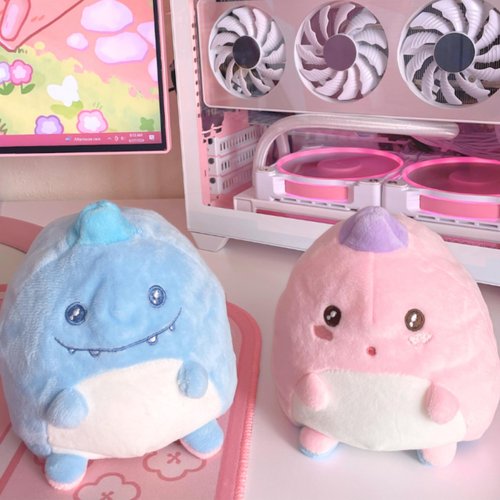 BelugaDesign Dinosaur Plush Toy | Pink Blue Reversible Cute Kawaii Anime Eyes Super Soft Dino Plushie | Small Stuffed Animal Plush Pillow | Fluffy Huggable Mood Flip Squishy Gift for Kids and Teens