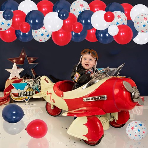 68Pcs Fighter Jet Birthday Decorations for Boys Red Blue Balloons Garland Arch Kit with Aircraft Birthday Party Backdrop Fighter Jet Airplane Theme Party Supplies