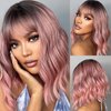 Doremiy Short Bob Ombre Black Pink Wavy Wigs for Women Natural Shoulder Length Wig with Bangs Synthetic Wigs for Daily Cosplay