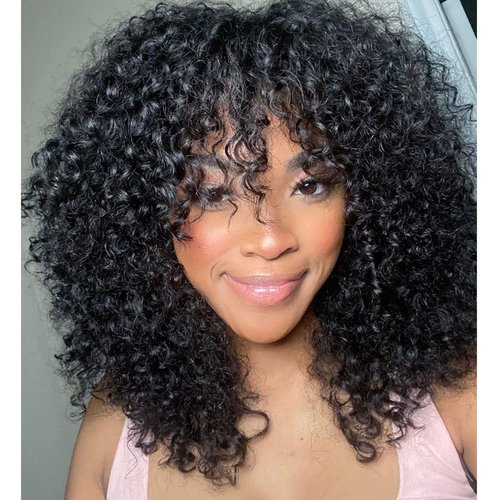 YOUNG BEAUTY Curly Human Hair Wig With Bangs 100% Brazilian Human Hair Curly Wigs O Scalp Top Full Machine Made Wig for Black Women Loose Curly Wigs 180Density 14inch Natural Color