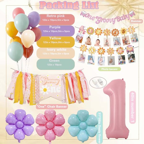 Groovy One Birthday Decorations, One Groovy Baby Birthday Decorations Girl,Groovy One Party Decorations with Groovy One Balloons, Daisy Flower Foilballoon, Hippie Birthday Photo Banner,40In Number
