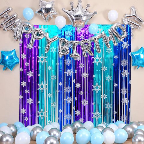MECOLO 2 Pack Birthday Party Decorations Snowflake Tinsel Foil Fringe Curtains for Kids Frozen Birthday Backdrop Winter Christmas Holidays Photo Booth Prop Backdrop Streamer 3.3x6.6ft