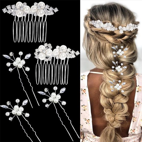 5PCS Silver Vintage Pearls Jewelry Headpieces Wedding Crystal Hair Comb Rhinestone Hair Clips Hair Accessories for Women Girls and Bridesmaids
