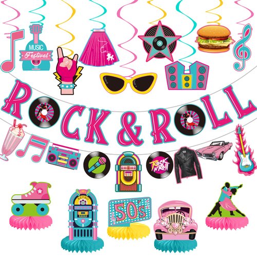25 Pieces 50&#39;s Party Decorations Include Rock and Roll Banner, 50s Theme Hanging Swirls and Honey...