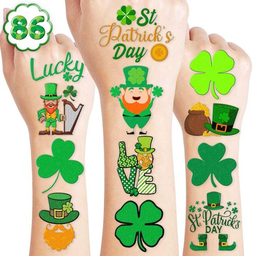 86 PCS St Patricks Day Temporary Tattoos Irish Birthday Party Decorations Themed Party Favors Supplies Decor Green Shamrock Tattoo Stickers Cute Gifts for Kids Boy Girl Prizes Rewards