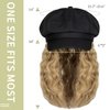 Qlenkay Newsboy Cap with Bob Hair Extensions Black Hat Wig 8 Panel Visor Beret Attached Synthetic 14'' Short Curly Wavy Hairpiece for Woman Ash Blonde