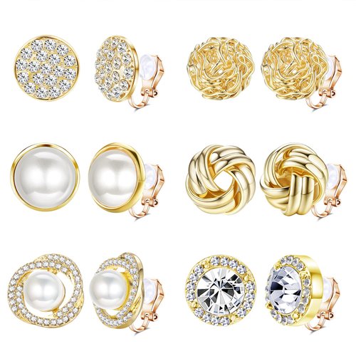 HAIAISO 6 Pairs Clip On Earrings Cubic Zirconia Pearl Knot Twist Clip On Earrings Non Pierced for Women Girls Clip Earrings Set