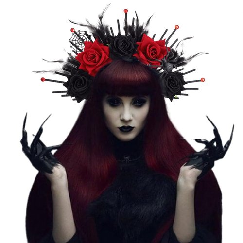 Ursumy Gothic Floral Headband Halloween Headband Rose Veil Headpiece Vintage Floral Headdress Masquerade Cosplay spider Hair Accessory for Women (Black, One size)