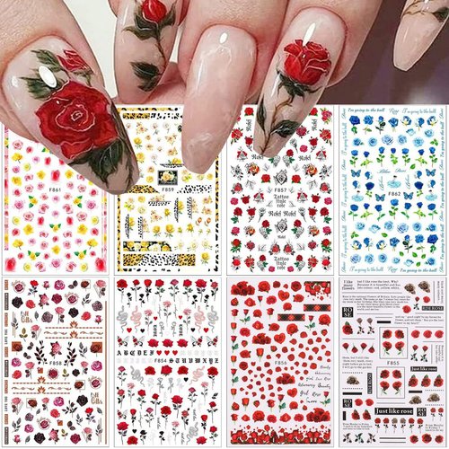 8 Sheets Flower Nail Art Stickers 3D Rose Nail Decals Self Adhesive Spring Summer Nail Charms Acrylic Nail Art Supplies Rose Floral Butterfly Nail Stickers for Women Girls DIY Nail Decorations